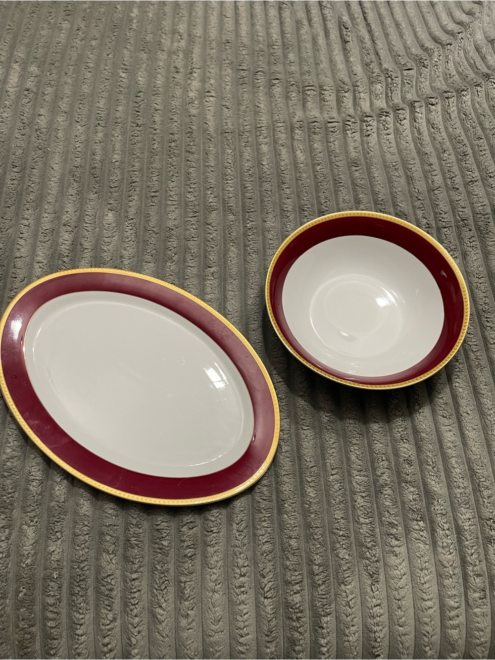 White Porcelain Serving Bowl and Platter with Burgundy Band and Gold Trim